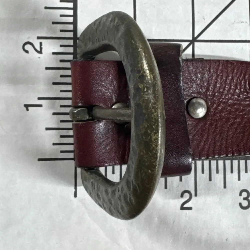 Vintage Distressed Patina Braided Leather Belt Hammered Brass Buckle Women 34